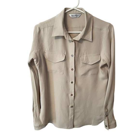 Max Mara Womens M Beige Silk Blend Button Down Blouse Long Sleeve Utility Shirt - Picture 2 of 8